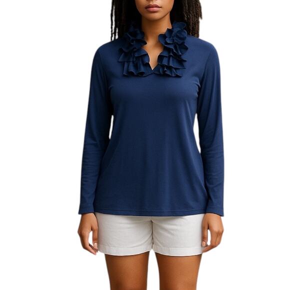 Soft Surroundings Floral Applique Ruffle Neck Top Navy Blue Size S - Picture 1 of 9